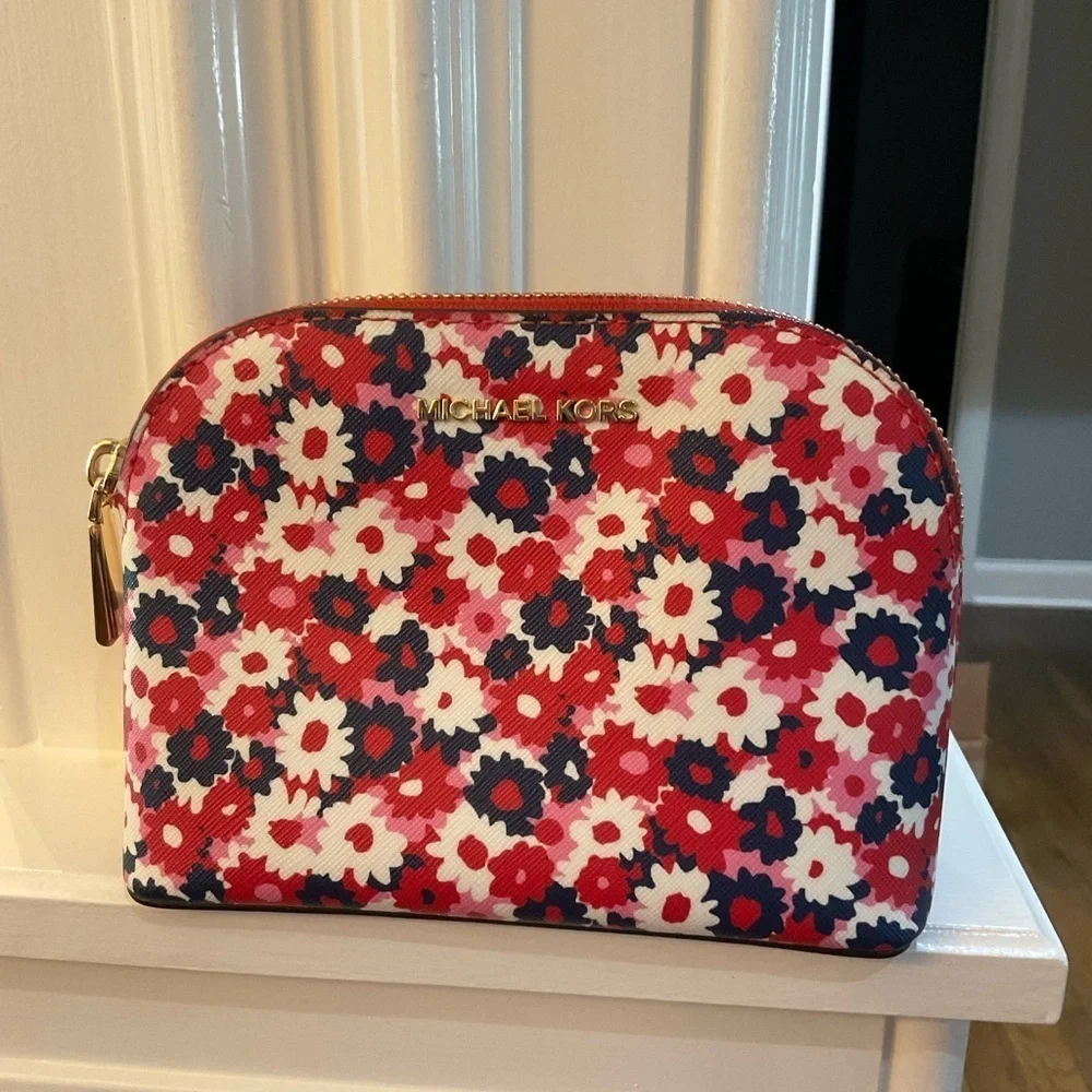 Michael Kors Cosmetic Bag Pouch with a Red and White Floral Design